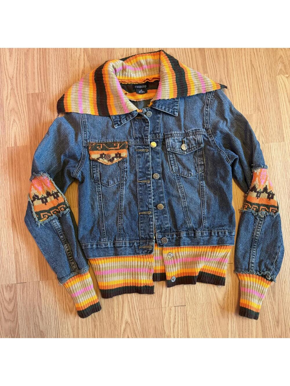 Cherish Denim Jacket With Colorful Sweater Trim Size Medium